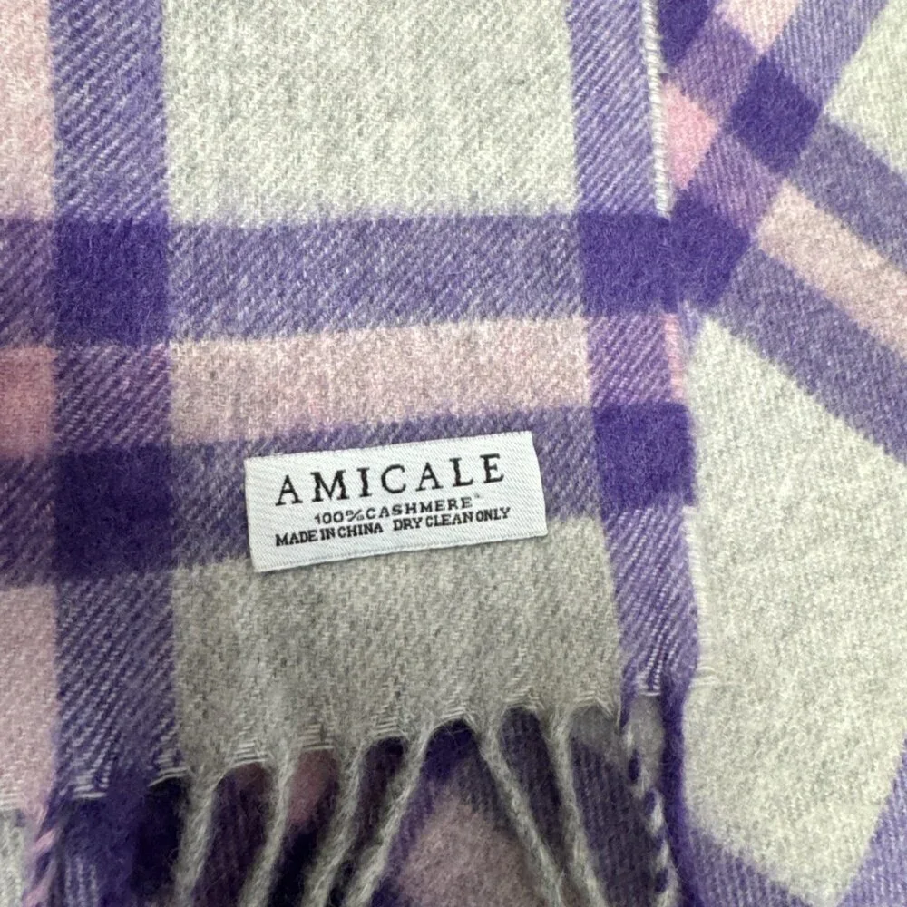 NWOT 100% Cashmere Scarf UNISEX  Plaid Gray & Purple
